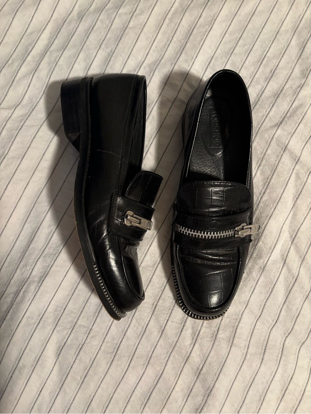 Women’s Black faux Leather Loafers with Silver Hardware